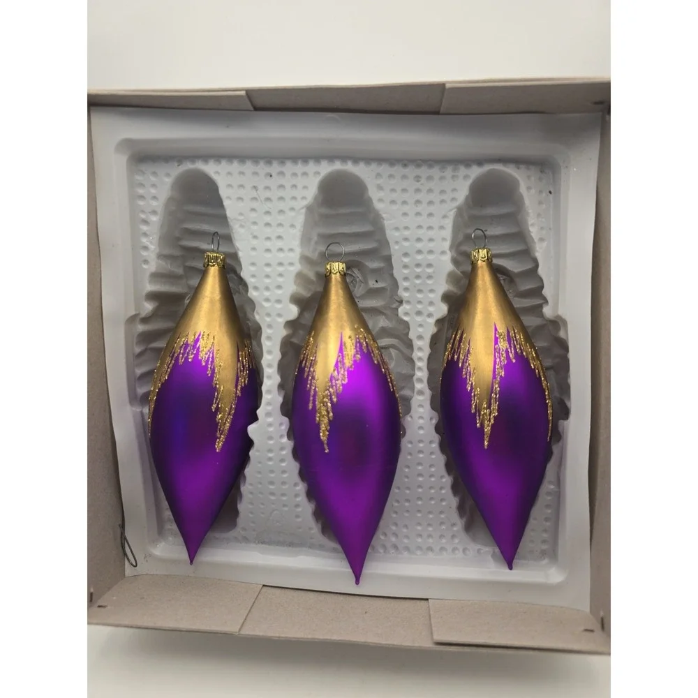 German Glass Teardrop Christmas Ornaments Violet/Gold Snowflake Hanging Set 3pc